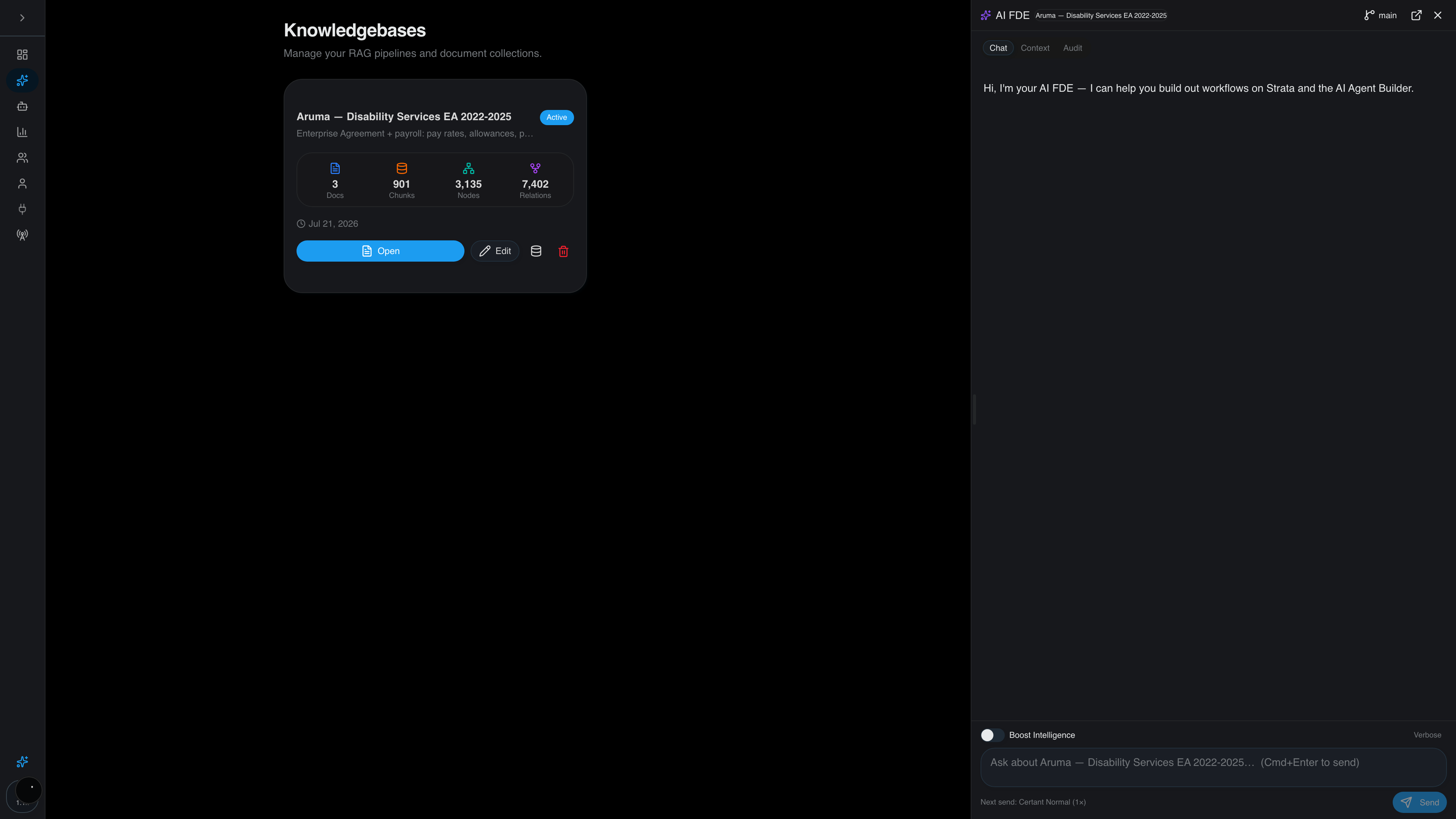 Certant admin UI in dark mode with the AI FDE drawer open on the right, bound to the Aruma Disability Services EA knowledgebase, showing the greeting and a branch chip reading main