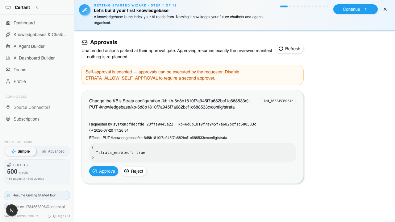Certant approvals inbox showing an amber self-approval banner and a parked api_action card for a Strata config change, requested by system:fde, with the frozen JSON body strata_enabled true and Approve and Reject buttons