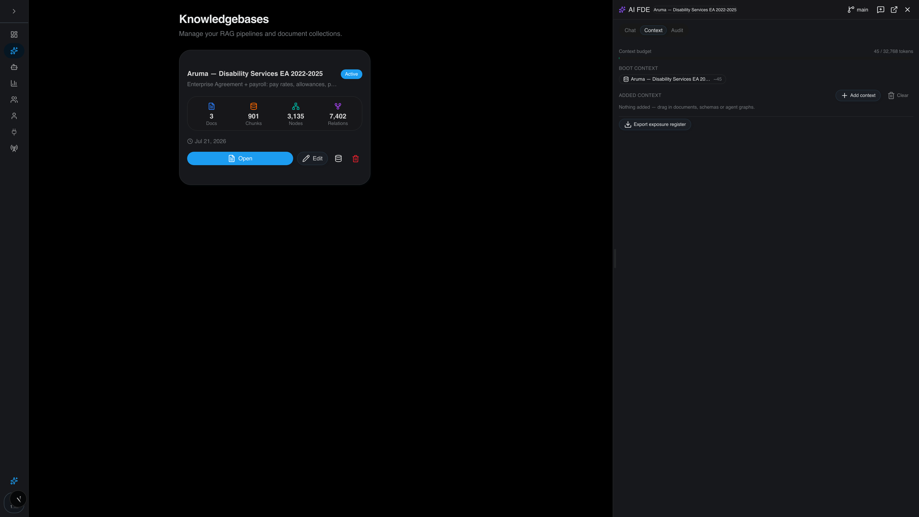 The AI FDE Context tab showing a context budget of 45 of 32,768 tokens, boot context containing only the knowledgebase card, an empty added-context list and an Export exposure register button