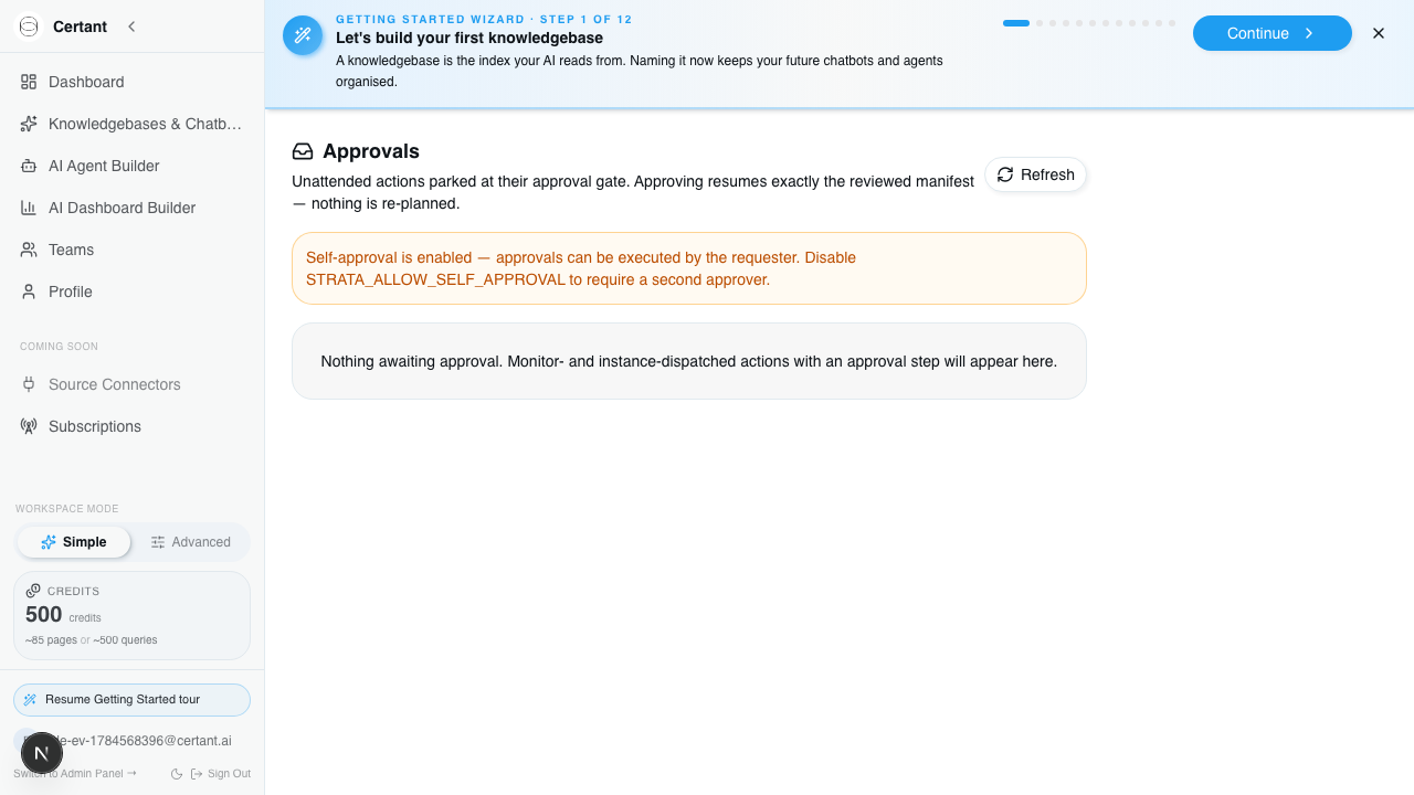 The Certant approvals inbox after approval, showing the self-approval banner and an empty state reading nothing awaiting approval