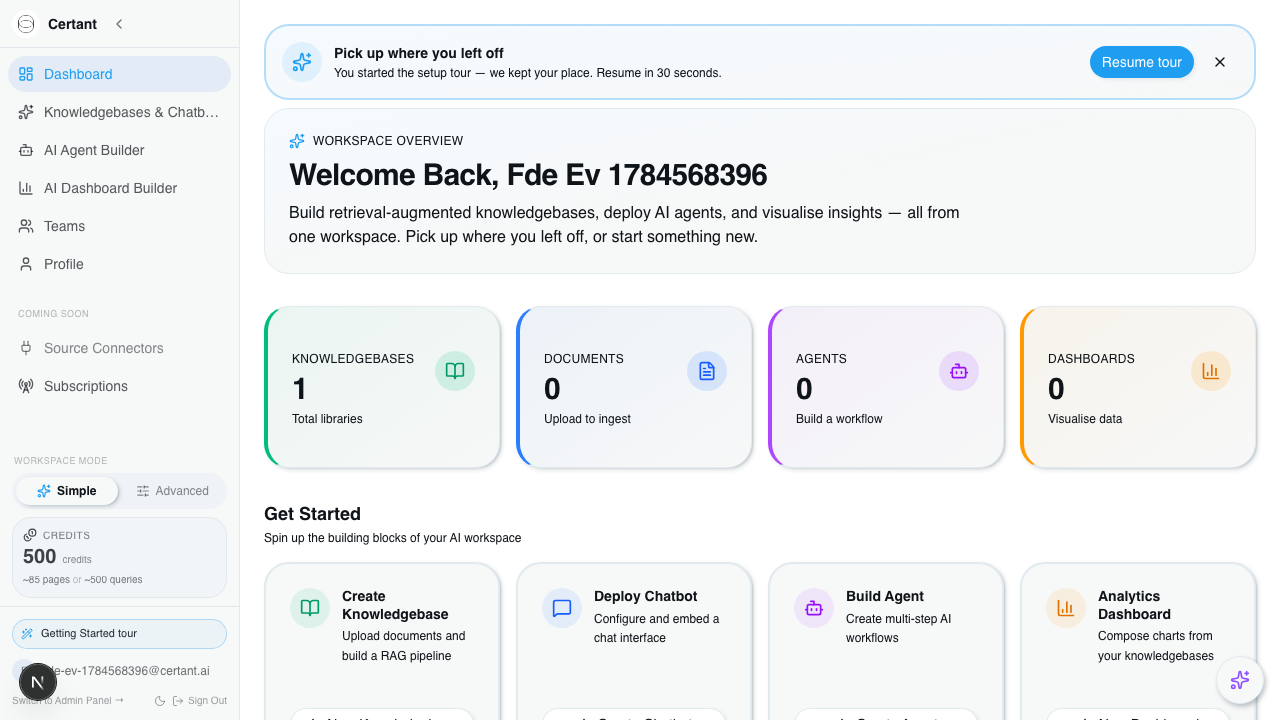 Certant dashboard in Simple mode showing workspace overview cards and the small AI FDE pill in the bottom-right corner