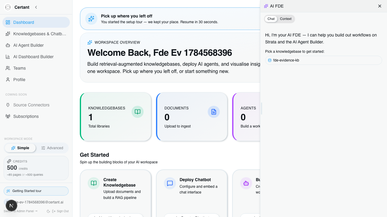 Certant dashboard in Simple mode showing workspace overview cards and the small AI FDE pill in the bottom-right corner