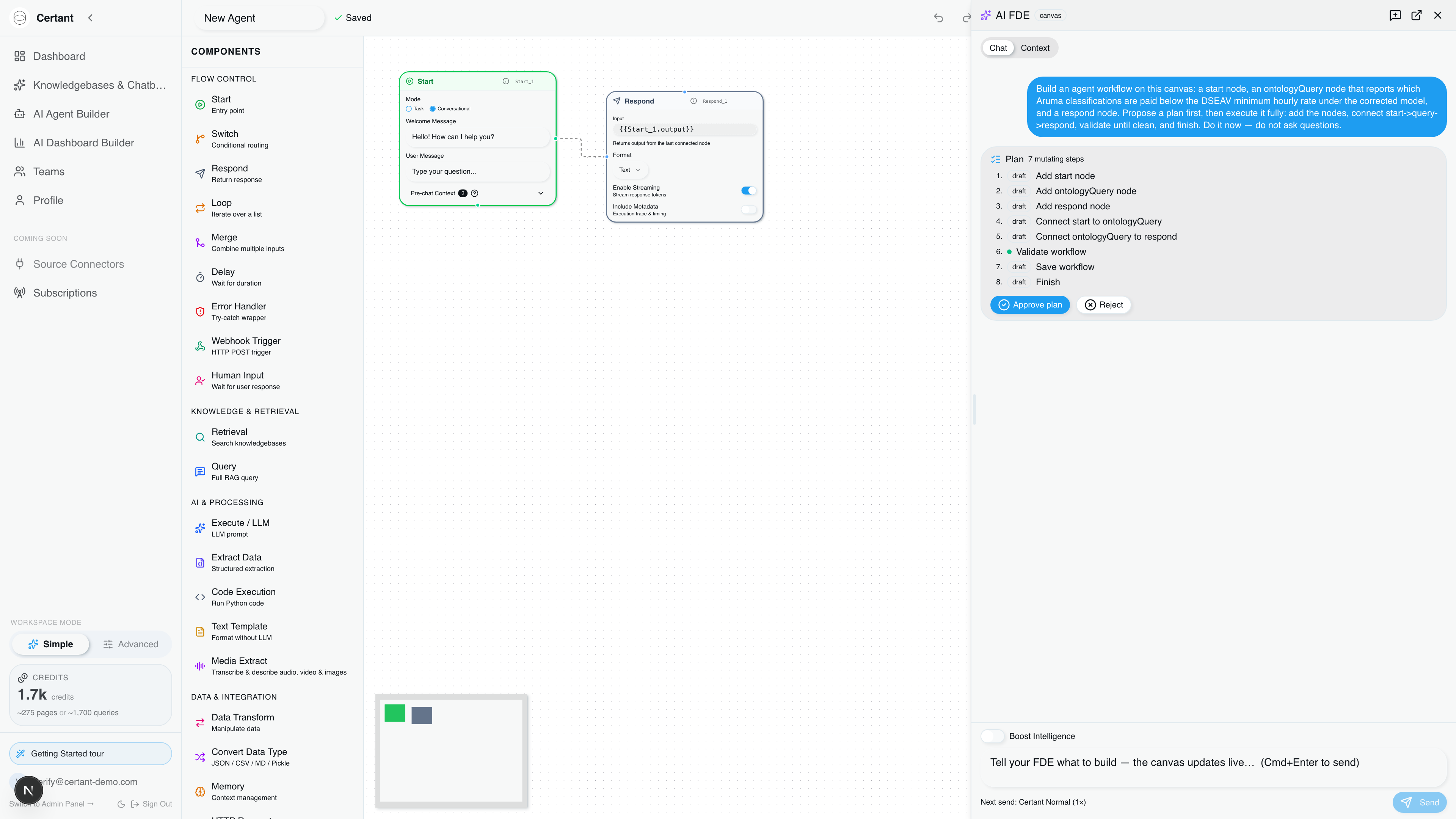 The Agent Builder canvas with the FDE drawer open, showing an eight-step plan card labelled 7 mutating steps with Approve plan and Reject buttons