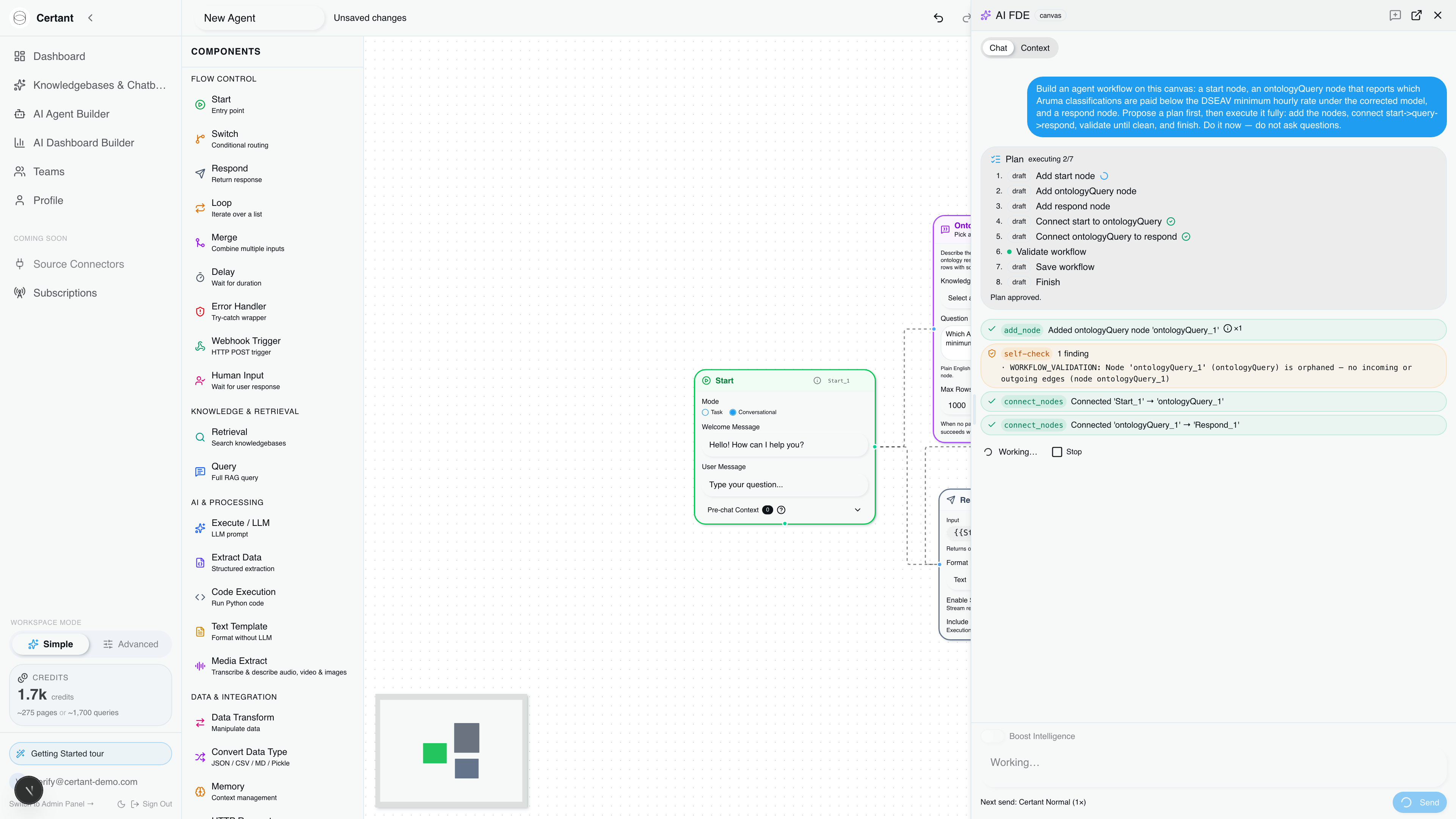 The same plan card now reading executing 2/7 with two steps ticked, an amber self-check chip reporting an orphaned node, and new nodes drawn on the canvas behind the drawer