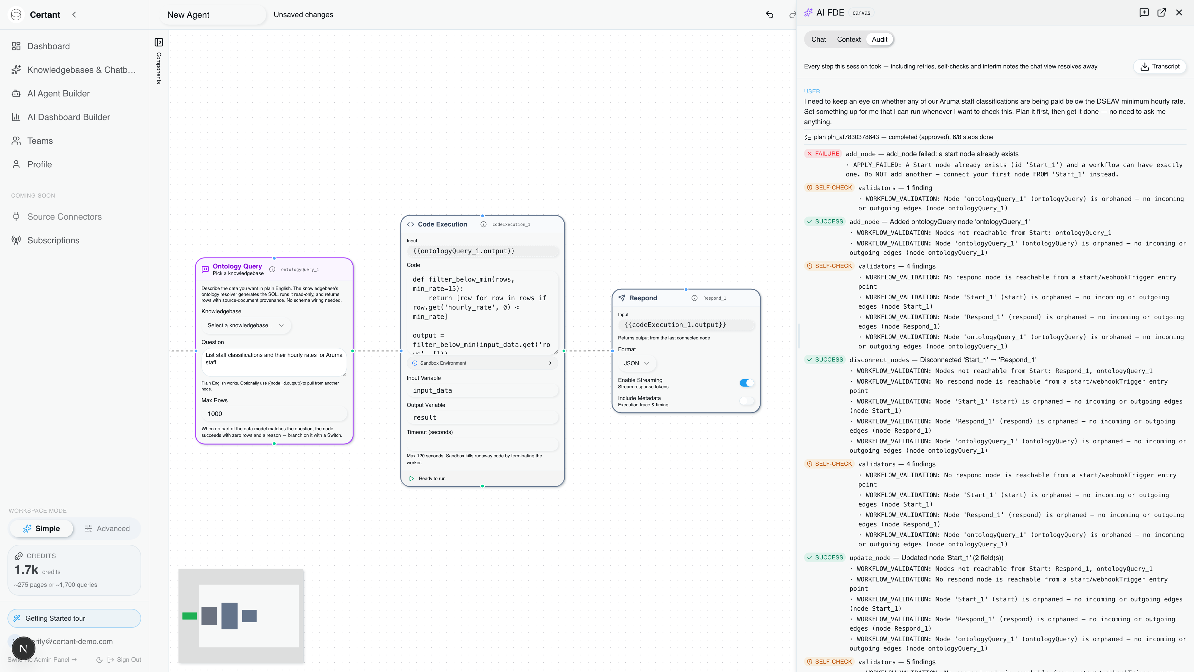 The Audit tab in the drawer, listing plan bookkeeping, a red FAILURE row, amber SELF-CHECK rows with full validator findings, and green SUCCESS rows, with a Transcript download button