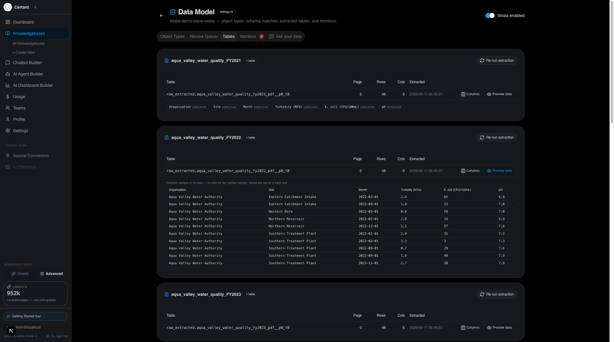Certant Strata Tables tab listing extracted tables per document with physical table names, pages, row and column counts, and an expanded data preview