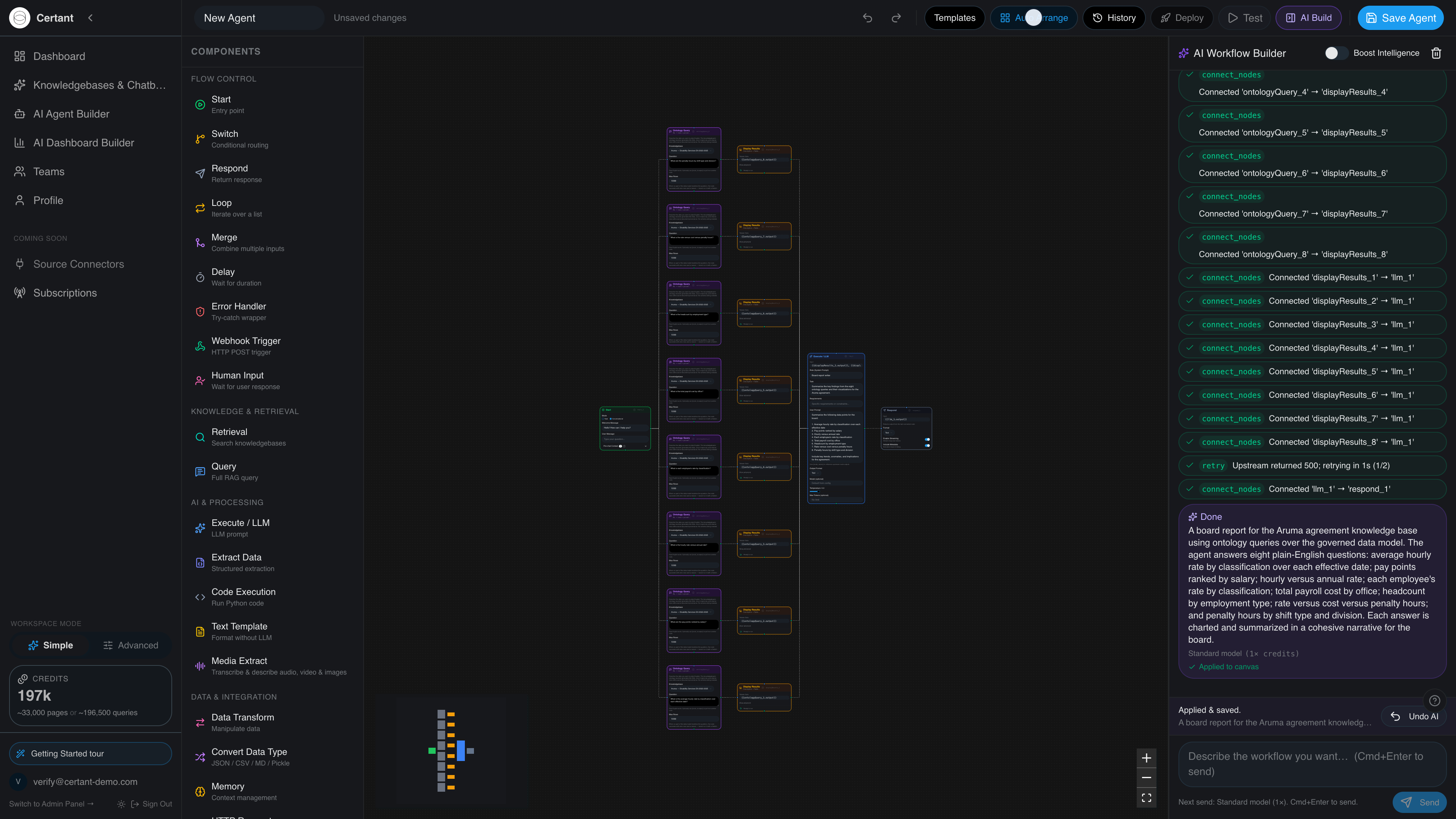 Agent Builder canvas mid-build with eight query-and-chart node pairs, side panel of connect_nodes chips