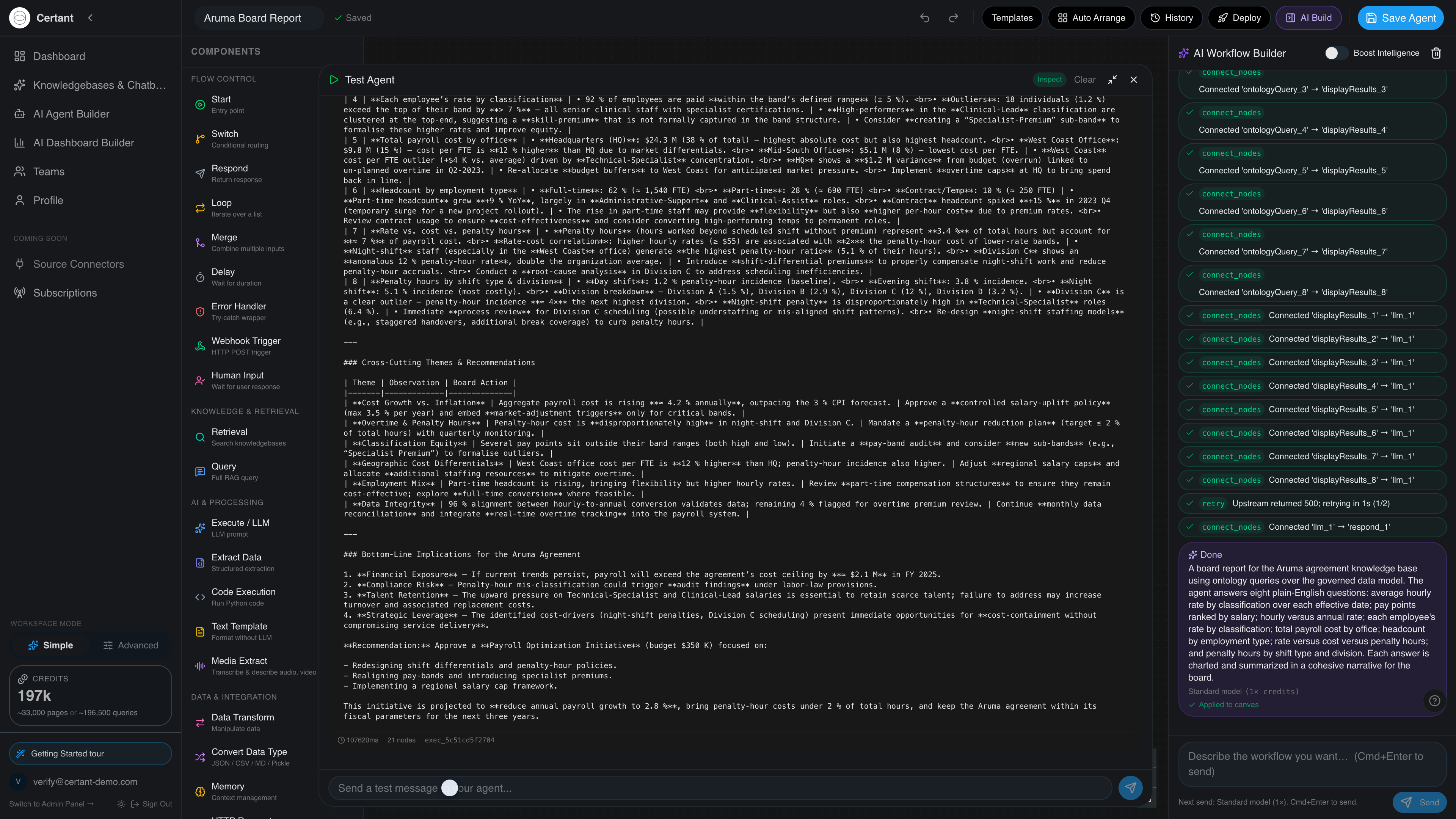 Test Agent panel showing a generated board report with a footer reading 107620ms and 21 nodes