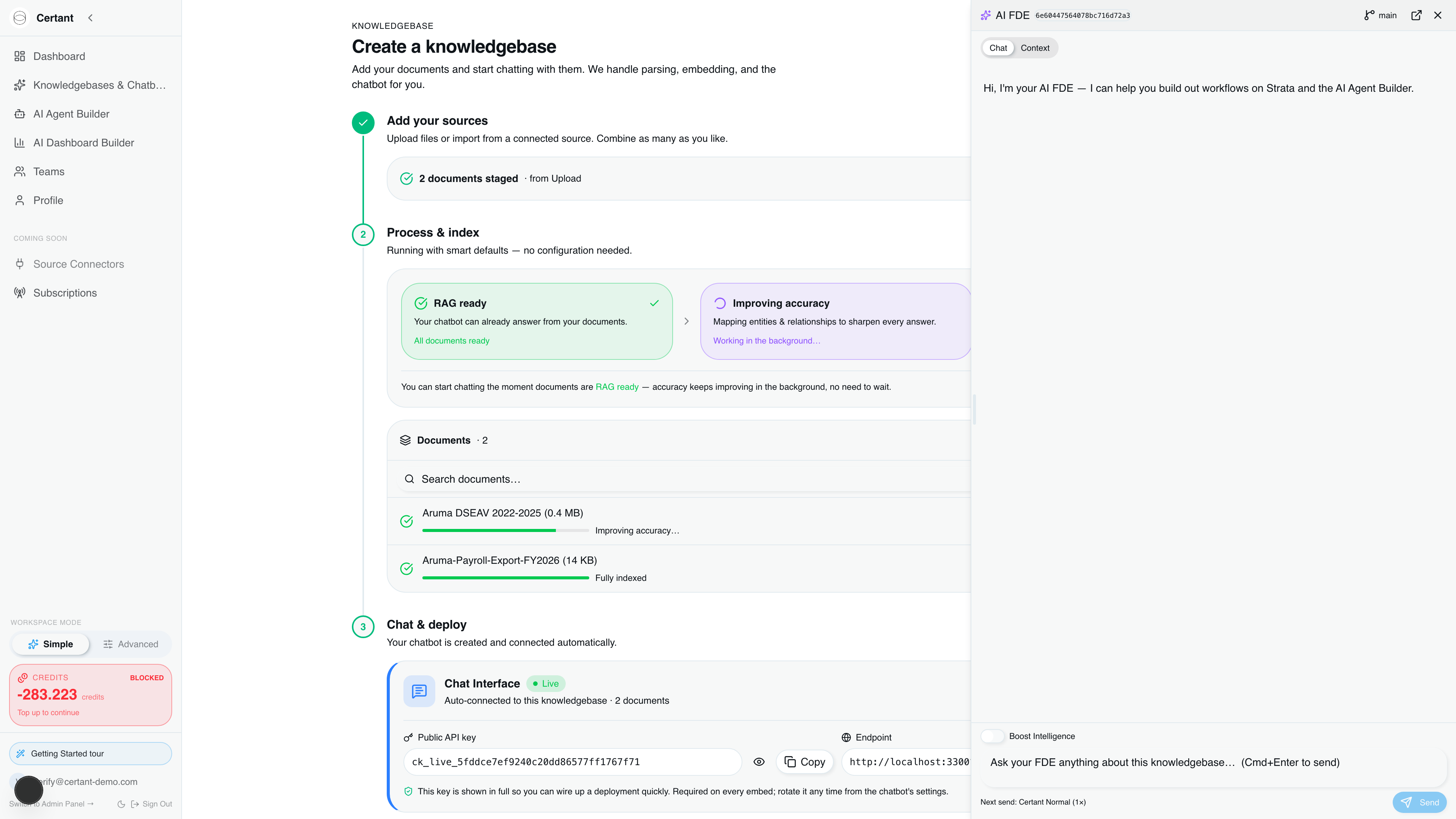 Knowledgebase wizard with agreement and payroll export indexed, FDE drawer open