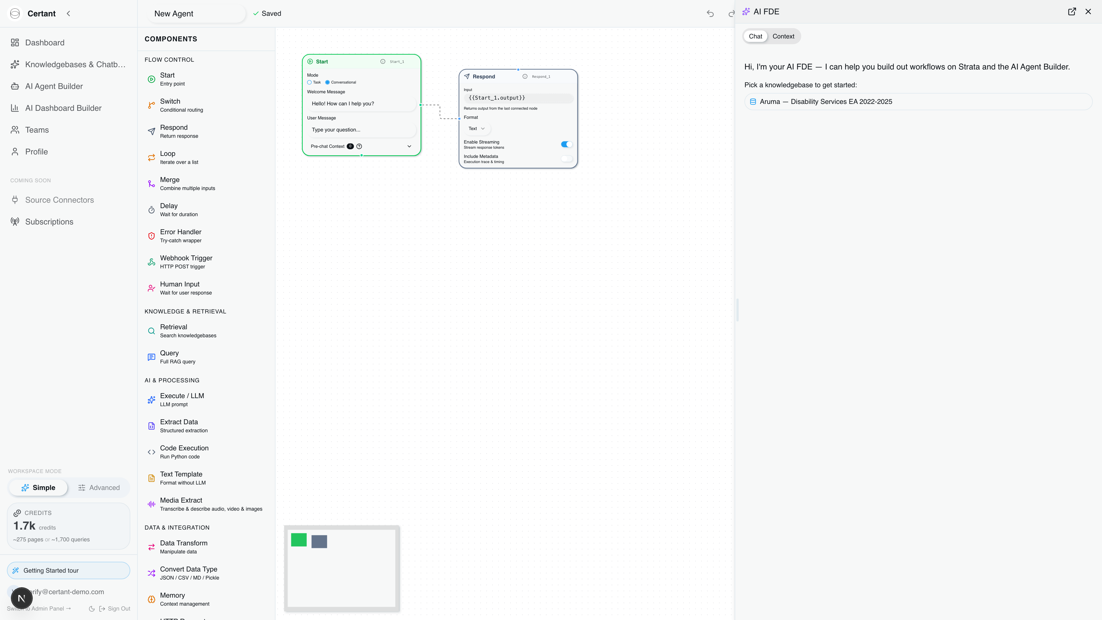 Agent Builder canvas with Start and Respond nodes, FDE drawer offering the Aruma knowledgebase as a binding target