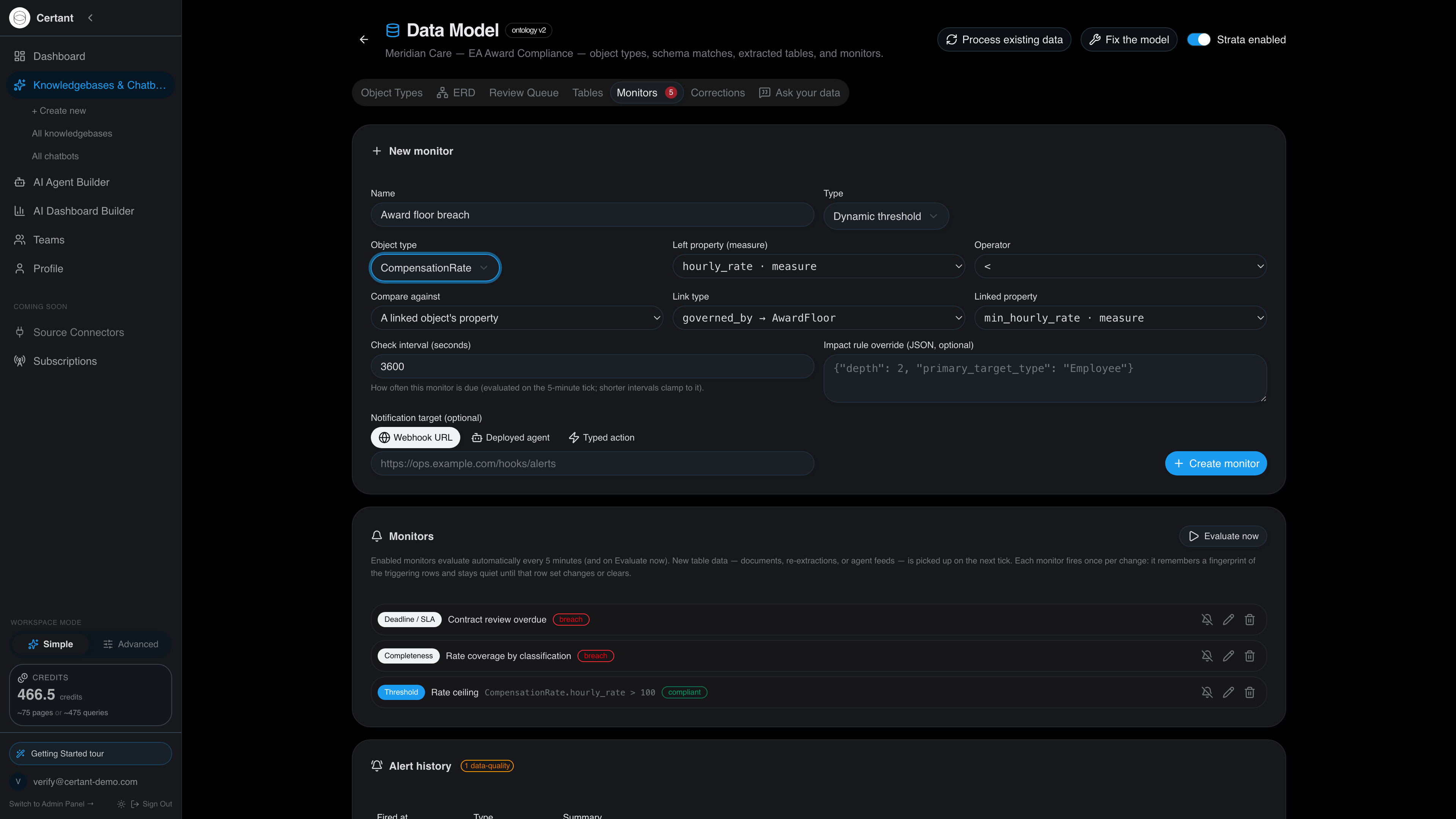 Certant monitor builder configuring a dynamic threshold: hourly_rate less than the linked AwardFloor min_hourly_rate