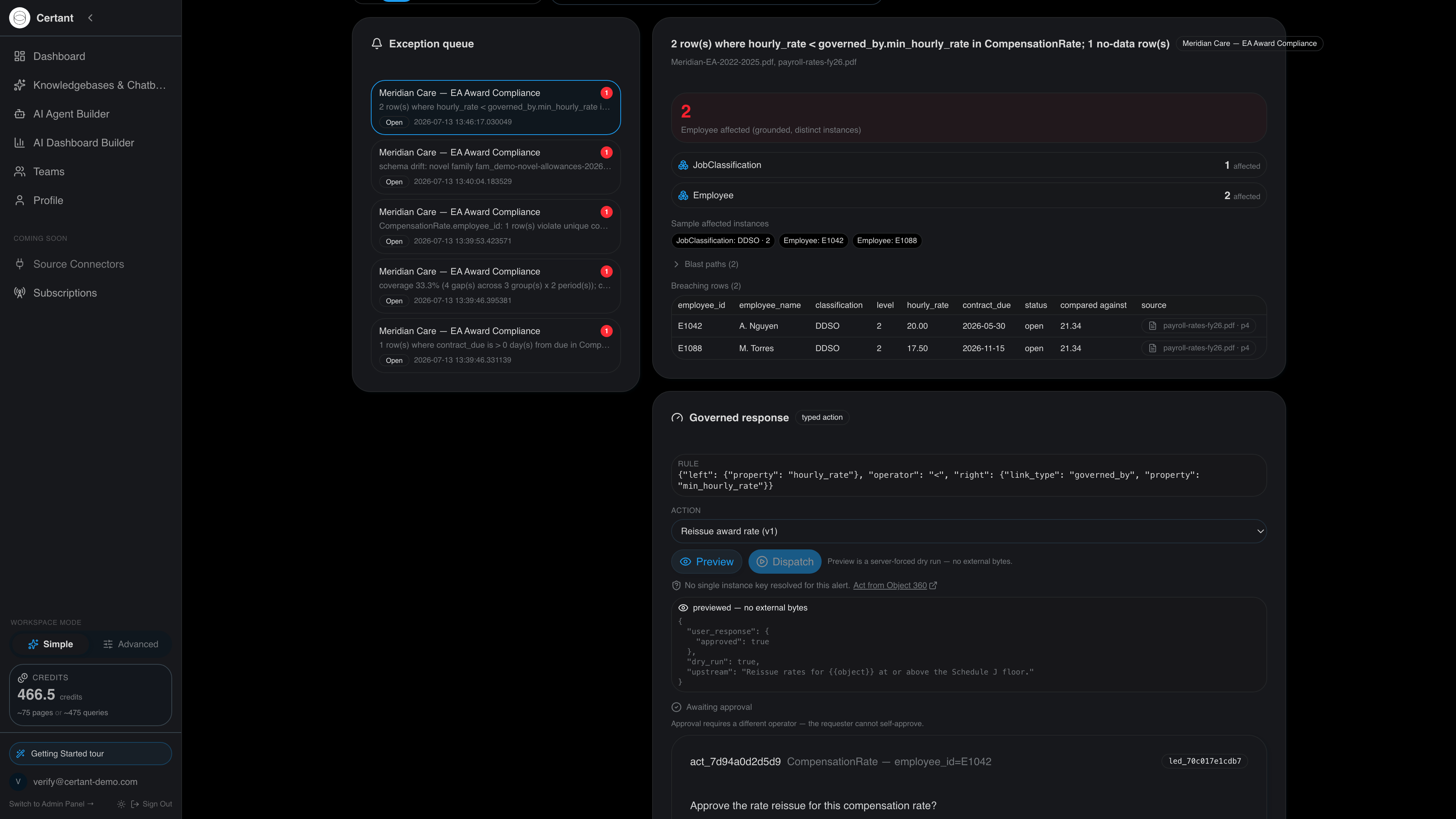 Certant cockpit preview output with dry_run true and the action parked awaiting approval