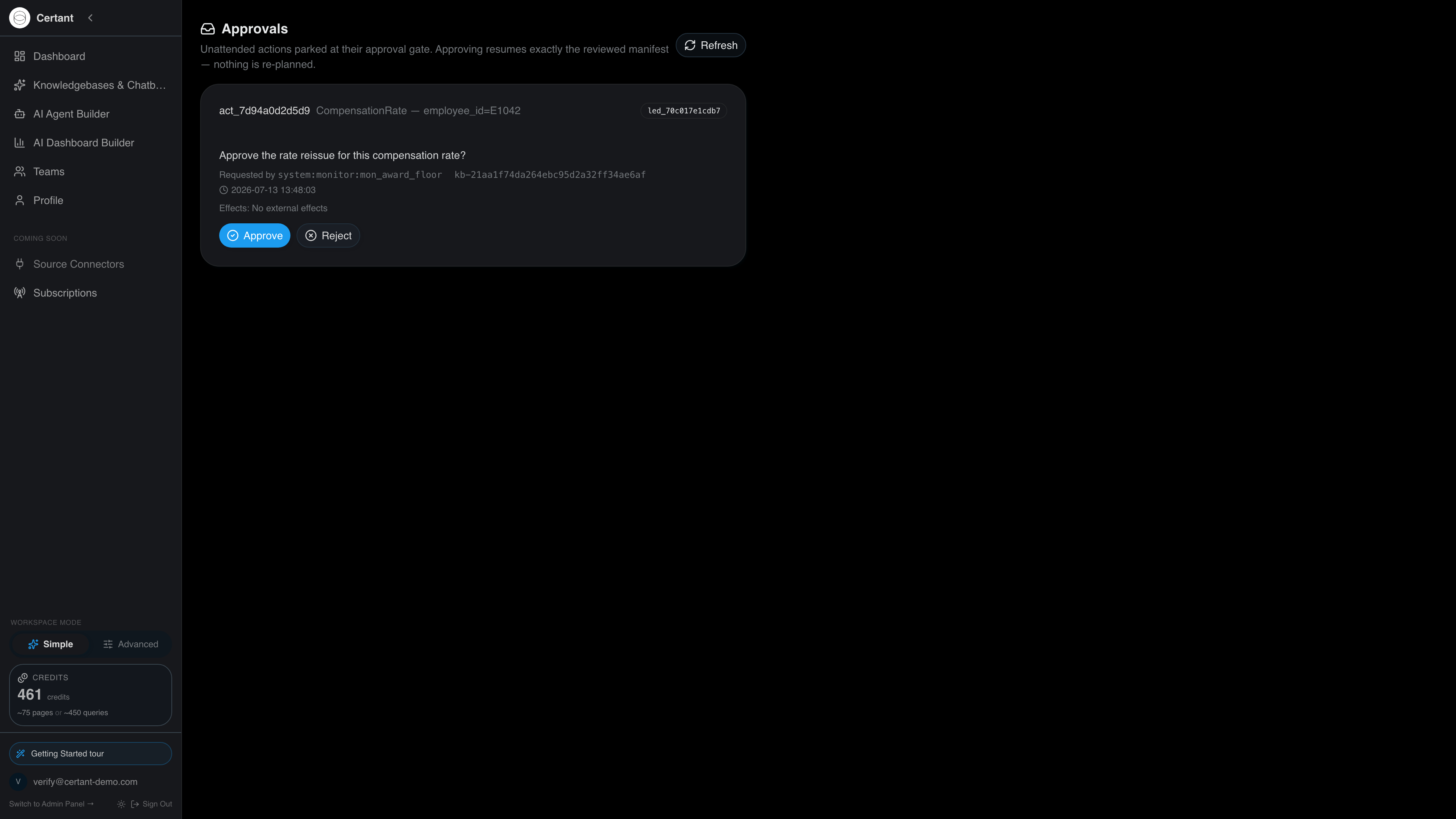 Certant Approvals inbox with one parked action requested by system:monitor:mon_award_floor