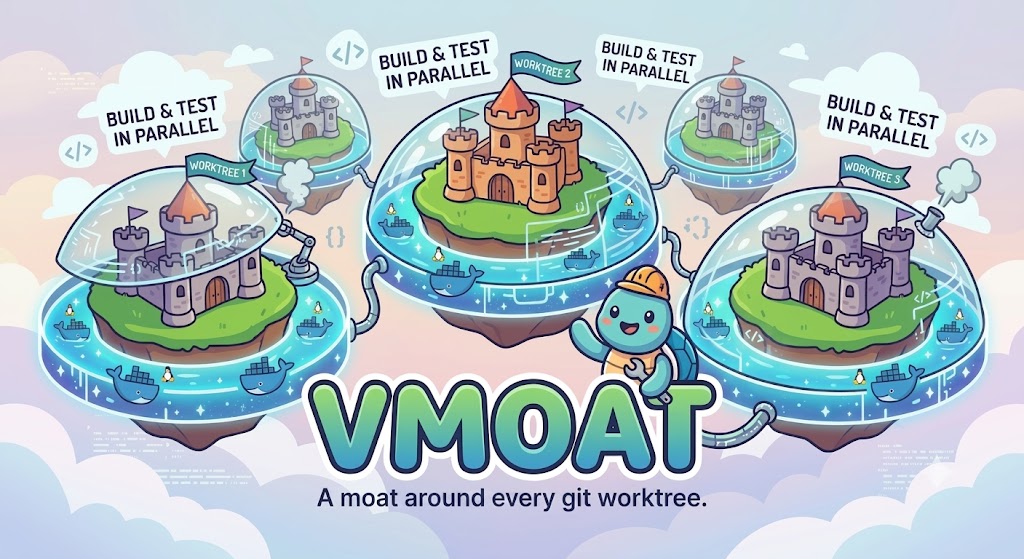 Three castles, each sealed inside its own floating glass dome with a Docker whale, illustrating one VM per worktree